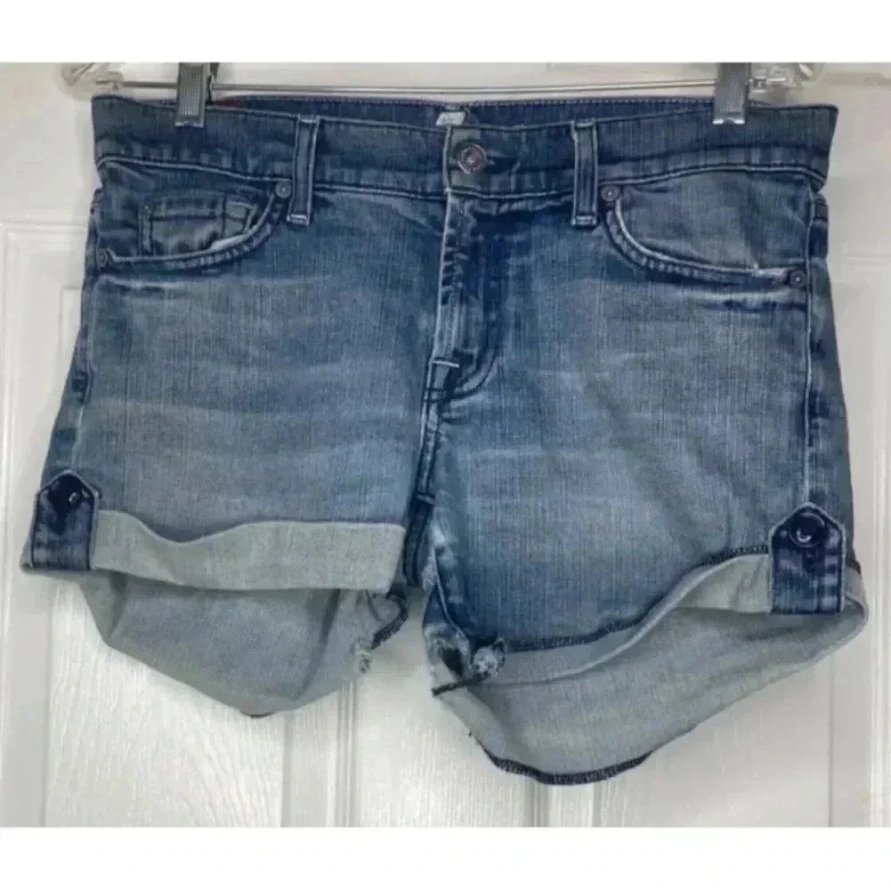 Woman 7 FOR ALL MANKIND blue Denim Cuffed Stretch Jean Shorts Sz 28 7FAM USA